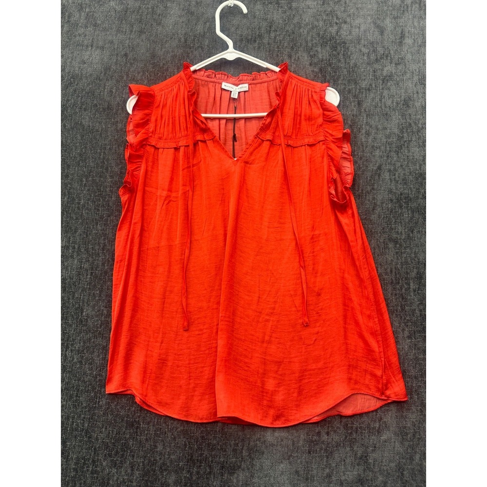 Maison D'Amelie Paris Blouse Top‎ Womens Small Orange Ruffle Sleeve Split Neck